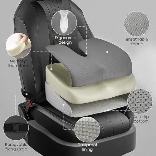 Adult Car Booster Seat Cushion - Memory Foam Car Seat Wedge Cushion - Coccyx Cushion for Tailbone Pain - Driver Seat 3 Inch Height Boost Cushion - for Cars, Trucks, Home & Office Chairs, Grey - color: Grey