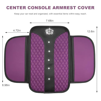 Bling Crown Car Center Console Cover, Crystal Leather Auto Armrest Box Cushion with 2 Storage Bags, Universal Crown Middle Console Cover Arm Rest Protector for Most Vehicles (Purple) - color: Purple