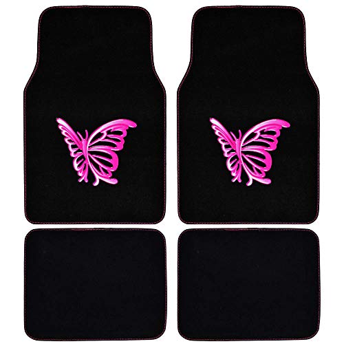 BDK Pink Butterfly Design Carpet Car Floor Mats for Auto Van Truck SUV-4 Pieces Front & Rear Full Set with Rubber Backing-Universal Fit - color: Pink Butterfly Design