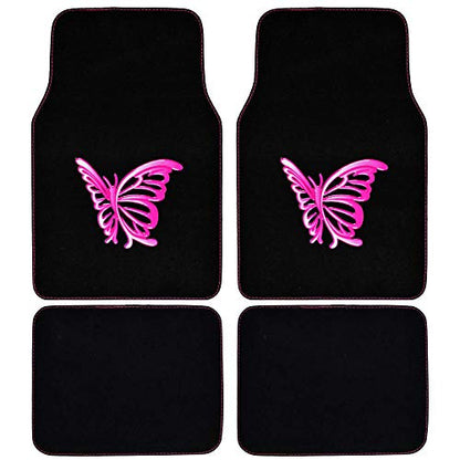 BDK Pink Butterfly Design Carpet Car Floor Mats for Auto Van Truck SUV-4 Pieces Front & Rear Full Set with Rubber Backing-Universal Fit - color: Pink Butterfly Design