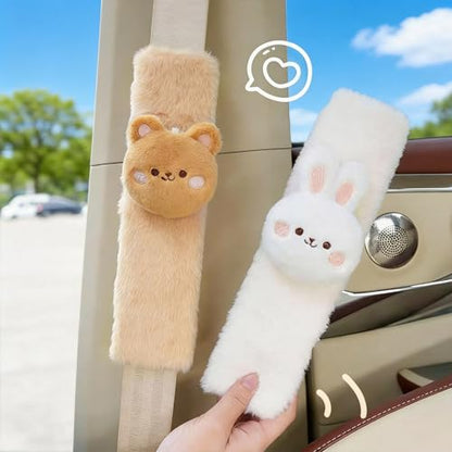 2 PCS Seat Belt Cover Pad, Cute Kawaii Animal Bunny Seatbelt Covers for Kids and Adults, Winter Plush Fluffy Soft Seat Belt Cover, Cartoon Seatbelt Cushion,Car Seat Strap Pads (F-Bunny)