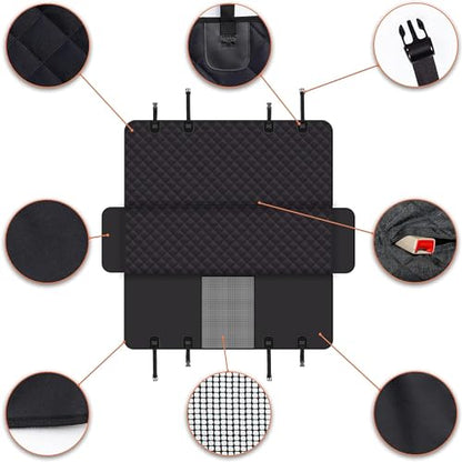 GXT Dog Back Seat Cover Protector for Cars SUV and Trucks with Mesh Window, Scratchproof Nonslip and Waterproof Material - color: Black/Orange, style: Seat Cover and Dog Seat Belt