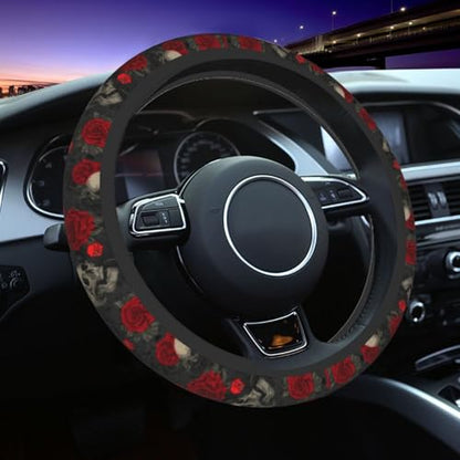 Halloween Skull Steering Wheel Cover Elastic Non-Slip Car Steering Wheel Covers with Seat Belt Shoulder Pad for Women Men - color: Halloween Skull