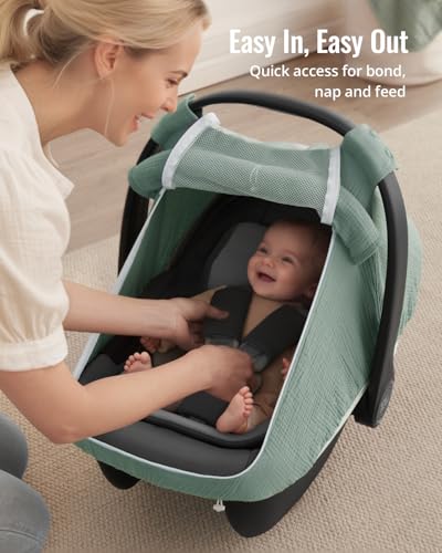 Blissful Diary Baby Car Seat Cover, Extra Large Mesh Window, Breathable Muslin Cotton, Infant Windproof Canopy, Must-Have Baby Gift - Roman Green - color: Roman Green