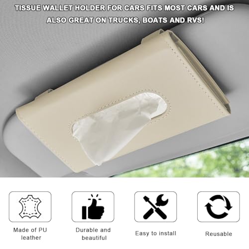 Car Tissue Holder, Vehicle Sun Visor Napkin Box Hanging Paper Towel Dispenser with Tissues Refill, Leather Backseat Paper Towel Case Visor Napkin Storage Holder for Most Cars (Beige)