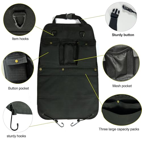 Black Car Seat Back Organizer with Multiple Pockets and Hooks