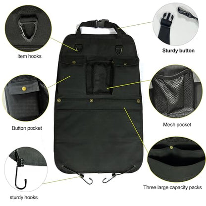 Black Car Seat Back Organizer with Multiple Pockets and Hooks