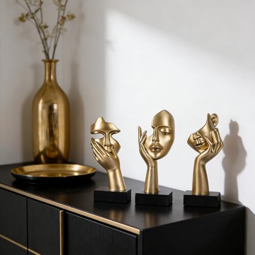 3 Pcs Thinker Small Statue Set - Black Gold Home Decor Abstract Art Figurines for Shelves, Living Room Coffee Table, Office Desktop (3 Pcs Gold, 6")
