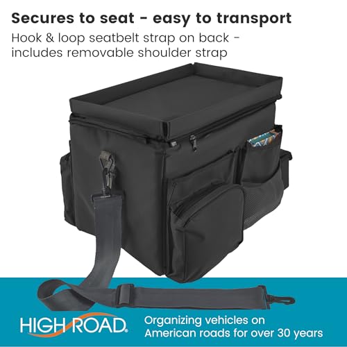 High Road CarHop Front Seat Car Organizer with Car Cup Holder, Passenger Seat Tray and Padded Filing or Cooler Compartment with Side Pocket Storage - color: Black