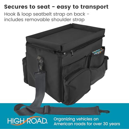 High Road CarHop Front Seat Car Organizer with Car Cup Holder, Passenger Seat Tray and Padded Filing or Cooler Compartment with Side Pocket Storage - color: Black