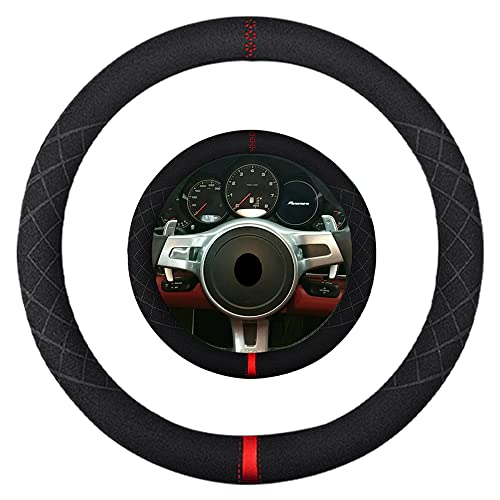 Suede Steering Wheel Cover,Compatible with Porsche Panamera SuedeLeather Sport Non-Slip Wheel Cover Car Interior Accessories 15 inch for Man and Women - color: Fit Porsche O Shape Suede Red Mark in Black, size: 15 inch