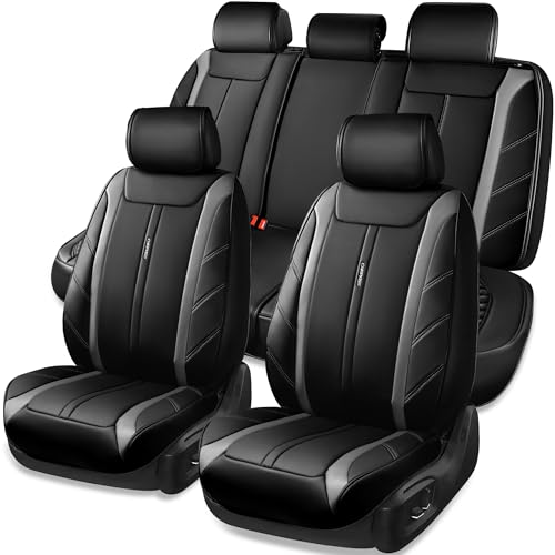 CAR PASS Luxury Faux Leather Seat Covers Full Set, Breathable Sporty Premium Leather Seat Covers,Waterproof Anti Slip Automotive Seat Covers Universal Fit for 95% Trucks SUV Sedans Vans,Black and Gray - color: Black and Gray, size: Front and Rear