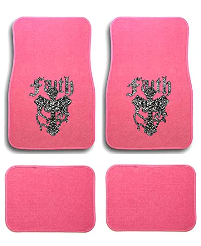 Universal Fit Front/Rear 4-Piece Full Set Crystal Bling Rhinestone Design Studded Carpet Car SUV Truck Floor Mats (Faith-Pink) - color: Faith-Pink