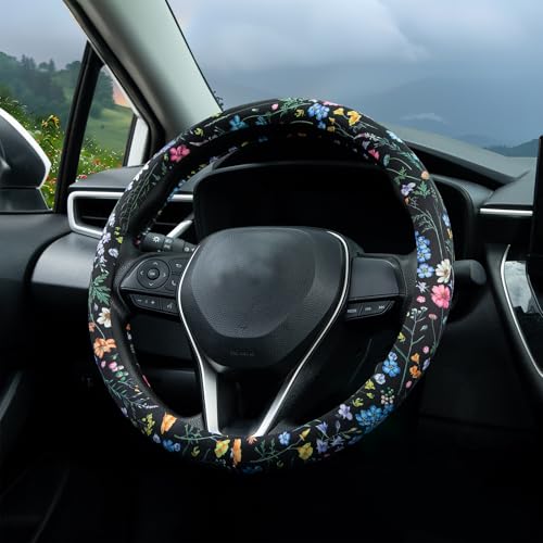 Multicolor Wildflower Steering Wheel Cover Auto Steering Wheel Protector, Anti-Slip, Breathable, Absorbing Sweat, Universal Floral Car Accessories 14.5–15 inch - style: Multicolor Wildflower