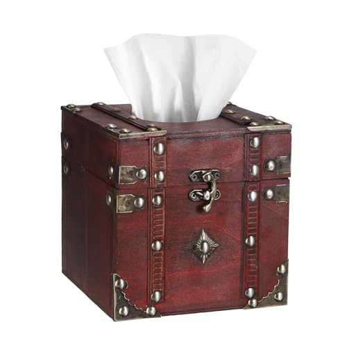 Sumnacon Tissue Box Retro Wood Square Tissue Box Cover Vintage Cube Tissue Box Holder,Decorative Tissue Holder for Bedroom Bathroom Toilet Table Desk Car Store Office Home,Red - color: Red
