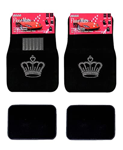 Universal Fit Car Truck Front/Rear 4-Piece Full Set Crystal Bling Rhinestone Studded Black Carpet Floor Mats (Crown/Black) - color: Crown/Black