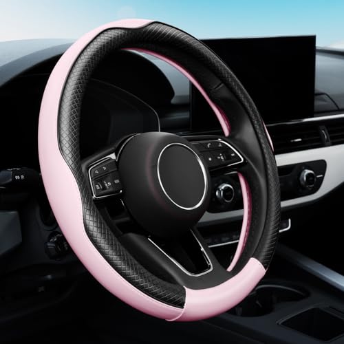 Soft Premium Leather Steering Wheel Cover, Breathable, Non-Slip Grip, Universal 15 Inch for Women Girls, Fit Vehicles, Sedans, SUVs, Vans, Trucks - Light Pink