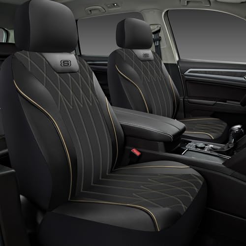 Skechers Seat Covers Memory Foam-Piping Leather Car Seat Covers,Ultimate Comfort & Support Front Seat Covers Airbag Compatible, Automotive Universal Fit Most for SUVs, Vans, Sedans, Cars, Trucks,Beige - color: Beige