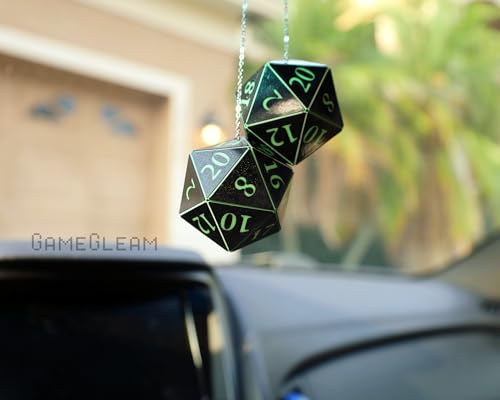 Pair of D20 Car Mirror Dice [2" Black and Green Holographic - "Alien Invasion"] - Handmade hanging car charm rear view mirror danglers - A magical and decorative gift for him or her - GameGleam