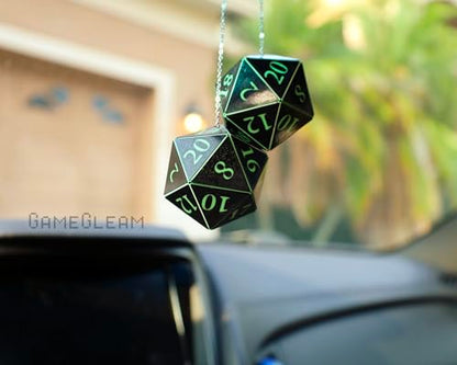 Pair of D20 Car Mirror Dice [2" Black and Green Holographic - "Alien Invasion"] - Handmade hanging car charm rear view mirror danglers - A magical and decorative gift for him or her - GameGleam