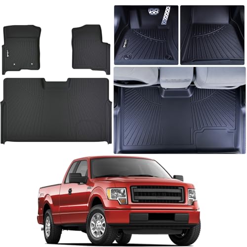 Floor mat for 2010-2013 2014 Ford F-150 SuperCrew/Crew Cab with Bucket Seat，Custom Fit TPE Front and Rear Row F150 Accessories Car Mats-Black - size: For 2010-2014 F-150 floor mat
