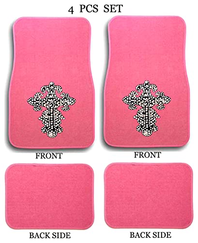 Universal Fit Front/Rear 4-Piece Full Set Crystal Bling Rhinestone Design Studded Carpet Car SUV Truck Pink Floor Mats - Pack of 4 (Greek Cross-Pink) - color: Greek Cross-Pink