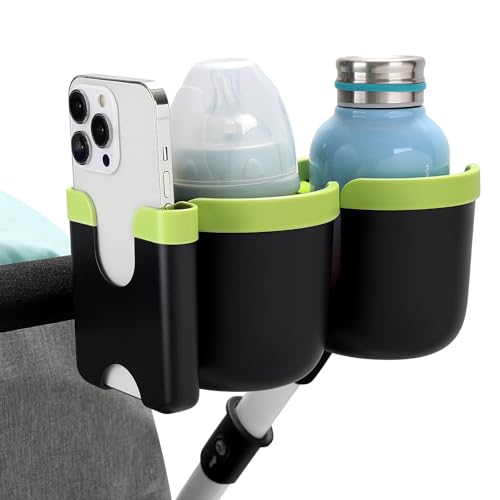 Accmor Stroller Cup Holder with Phone Holder, Bike Cup Holder, Universal Cup Holder for Uppababy Nuna Doona Strollers, 2-in-1 Cup Holder for Walker, Wheelchair, Scooter - color: Double Holder-Green