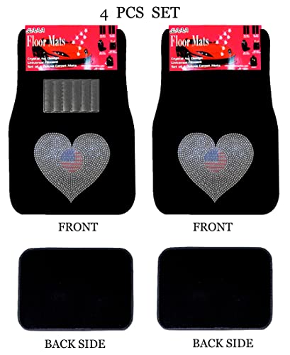 ALLBrand Universal Fit Front/Rear 4 Piece Full Set Crystal Bling Rhinestone Design Studded Carpet Car SUV Truck Floor Mats KAM-MAT-BLACK 0 - color: America Heart/Black