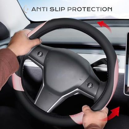 Coverado Car Steering Wheel Cover, Nappa Leather Black & Pink Steering Wheel Covers for Women, Universal 14-15 inch, Anti-Slip, Breathable Steering Wheel Protector - color: B-BlackPink