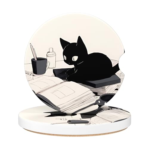 Aiawoxc Car Cup Holder Coasters, 2 Pack Universal Auto Anti Slip Insert Coaster with A Finger Notch, Cup Mat for Most Car Interior, Cute Reading Cat - color: Cute Reading Cat, size: Ceramic