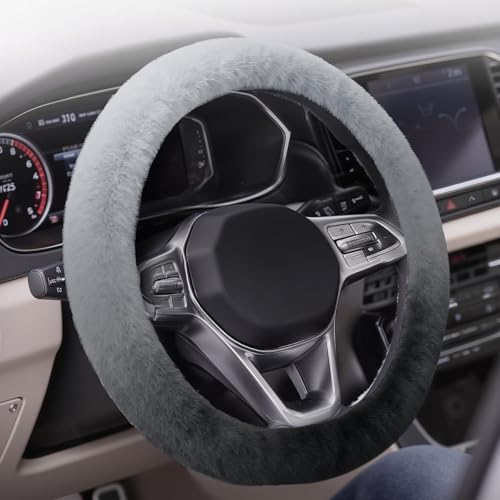 Coverado Winter Fluffy Steering Wheel Cover, Upgraded Anti-Slip Fuzzy Furry Car Steering Wheel Cover, Universal 14-15 inch, Soft Plush, Warm, No Odor, Luxurious Decoration for Women Men, Gradient Gray - color: A-Gray