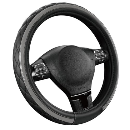 Road Comforts Leather Steering Wheel Cover – Black & Gray, Universal Fit 14.5-15 Inch, Microfiber Leather, Anti-Slip & Breathable Design for Men and Women