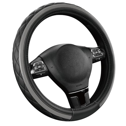 Road Comforts Leather Steering Wheel Cover – Black & Gray, Universal Fit 14.5-15 Inch, Microfiber Leather, Anti-Slip & Breathable Design for Men and Women - color: Gray