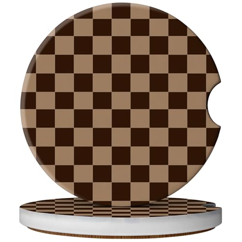 2 Pack Car Coasters for Cup Holders, Absorbent Ceramic Cup Coaster with Cork Base and Finger Notch, Cute Car Accessories Interior for Women Men (Grid-Brown) - color: Grid-Brown