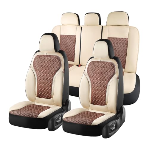 Coverado Car Seat Covers Full Set, Beige Brown Car Seat Covers, Luxury Diamond Leather Car Seat Cover with Carbon Fiber Weave, Spill-Proof Seat Cushions, Automotive Seat Cover Universal Fit Most Cars - color: BeigeBrown, size: Full set