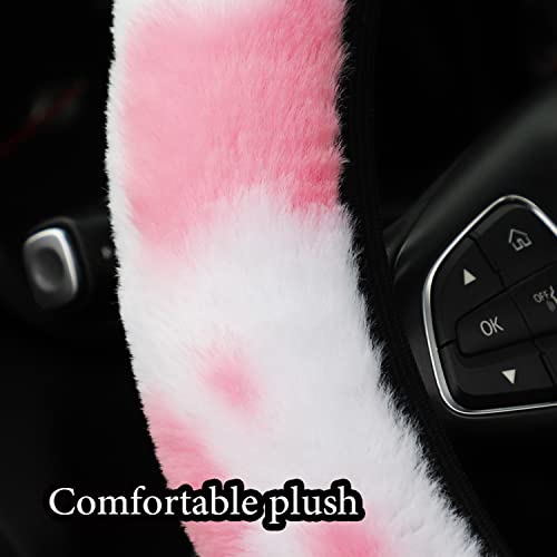 Pinbola 5pcs in 1 Set Faux Wool Steering Wheel Cover Soft Fluffy Handbrake Cover & Gear Shift Cover & 2pcs Seat Belt Shoulder Pads Warm Universal Fit for 15 Inch (Cow Pink) - color: Cow Pink