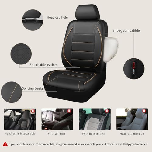 CAR PASS Universal FIT Piping Leather Two Front Seat Covers, Waterproof Faux Leather for SUV Sedan Van Truck, Airbag Compatible,Reserved Opening Holes for Headrest Covers. (Black and Beige) - color: Black Beige