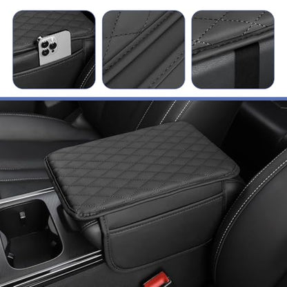 Car Center Console Cover, Upgrade Soft Skin-friendly Leather Arm Rest Cover for Car, Universal Anti-slip Scratch-resistant Armrest Mat with Side Storage Bags, for Trucks, Cars, SUVs (Black) - color: Black
