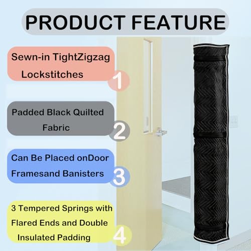 Quilted Door Jamb Protector Pad, with 3 Sewn-in Steel Spring Clips,Black (72" x 24")