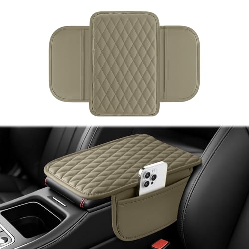 Amiss Car Center Console Cover, Upgraded Leather Car Armrest Cushion with 2 Storage Pockets, Universal Waterproof Cushion Pad, Non-Slip Car Interior Accessories, Fits Most Sedans SUVs Trucks (Beige) - color: beige, size: With Storage