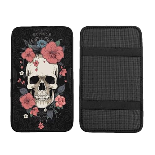 Universal Car Center Console Cushion Pad, Red Flower Skull Soft Waterproof Car Center Console Cover Auto Armrest Seat Box Cover Protector for Most Vehicle SUV Truck Car - color: Red Flower Skull