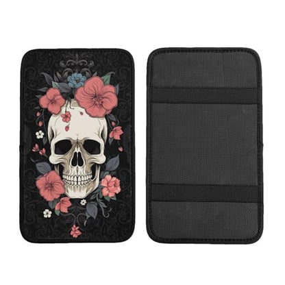 Universal Car Center Console Cushion Pad, Red Flower Skull Soft Waterproof Car Center Console Cover Auto Armrest Seat Box Cover Protector for Most Vehicle SUV Truck Car - color: Red Flower Skull