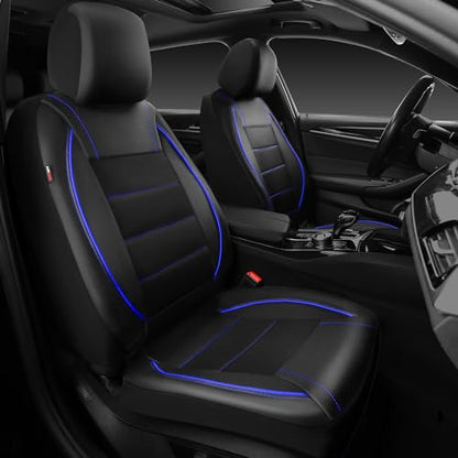 CAR PASS Universal FIT Piping Leather Two Front Seat Covers, Waterproof Faux Leather for SUV Sedan Van Truck, Airbag Compatible,Reserved Opening Holes for Headrest Covers. (Black and Blue) - color: Black Blue