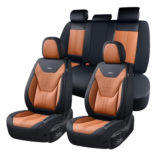 Coverado Car Seat Covers Full Set, Front Seat Covers with Lumbar Support and Back Seat Cover Waterproof Leather Automotive Seat Cover, Universal Car Interior Protectors Cushion for Most Cars - color: Black-Brown, size: FullSet