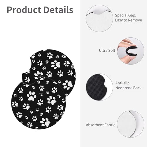 Black and White Dog Cat Paw Print Steering Wheel Cover for Women Men with 2 Pcs Car Coasters, 15 Inches Neoprene Anti-Slip Cute Universal Car Accessories Protective Cover for Vehicle - color: Black And White Paw Print