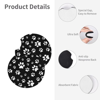 Black and White Dog Cat Paw Print Steering Wheel Cover for Women Men with 2 Pcs Car Coasters, 15 Inches Neoprene Anti-Slip Cute Universal Car Accessories Protective Cover for Vehicle - color: Black And White Paw Print