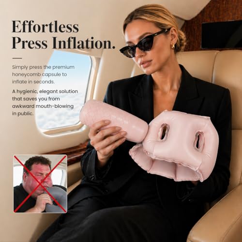 SUFU Ultra-Light Travel Neck Pillow - 68g Lighter Than Phone, 360° Neck Support, Adjustable Softness, 2-in-1 Inflation & Storage, Ideal for Airplane/Business Travel,Pink