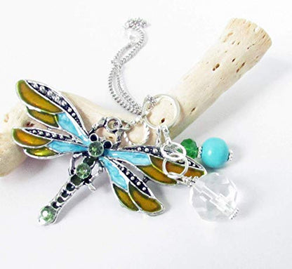 Turquoise Dragonfly Rear View Mirror Car Charm - Crystal Sun Catcher for Car - Dragonfly Ornaments for Women