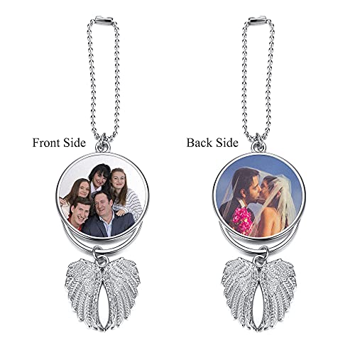 Custom Photo Rearview Mirror Car Charm Double Side Picture Engraving Car Hanging Ornament Angel Wing Car Charm Gift for Men Women - color: Silver-1 Pc