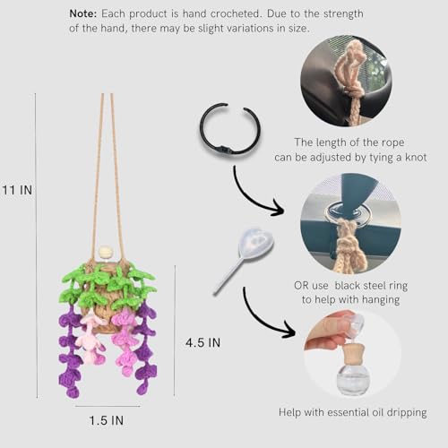 ROFIGL Handmade Crochet Hanging Car Air Freshener - Botanical Wisteria Blossom Design with 12ml Refillable Glass Essential Oil Bottle, Long-Lasting Car Diffuser & Nature-Inspired Decor - style: Wisteria